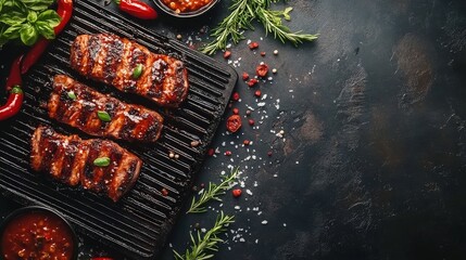 Rustic wooden table in front of a vibrant kitchen filled with fresh ingredients and grilling tools