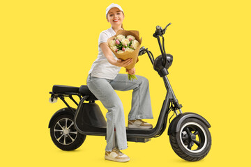 Sticker - Female courier with bouquet of flowers riding bike on yellow background