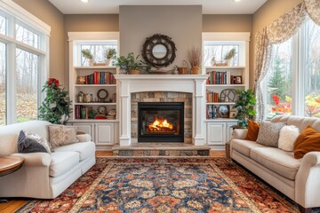 Poster - Cozy living room with a fireplace and warm decor in a serene setting