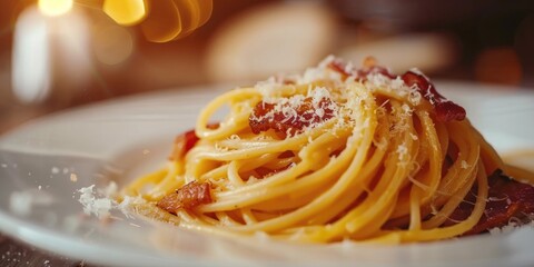 Close up of spaghetti carbonara with bacon and parmesan on a plate with room for text