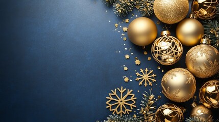 Wall Mural - the blue christmas background has gold ornaments and snowflakes.