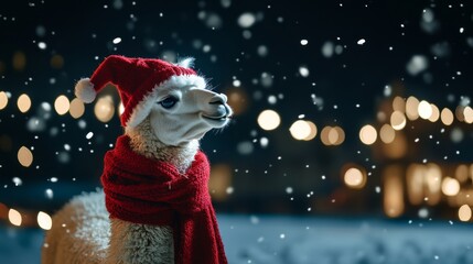 Wall Mural - Postcard for New Year holidays showing a cute llama in a knitted hat against a winter forest with fir trees, snow, and colorful lights.