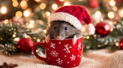 Wall Mural - An adorable Mickey Mouse in a knitted hat sitting in a cup against the backdrop of a winter forest with fir trees, snow, and colorful lights. Postcard for the holidays.