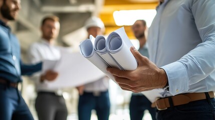 A project manager discussing project details with a team while holding rolled-up plans and documents