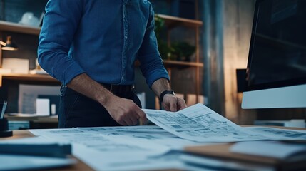 A project manager in an office setting analyzing architectural plans on a desk with a computer and notes