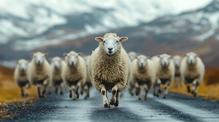 A flock of sheep running towards the camera on a rural road.