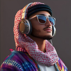 A saudi arab gen Z boy listening to music on his headphones and he is happy. Wearing cool and hip colorful clothes