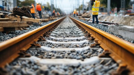 A rail track construction site with workers installing ballast under the tracks