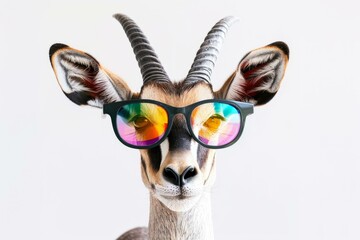  Stylish antelope wearing colorful sunglasses isolated on white background for creative and fun advertising concepts