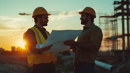 Wall Mural - A site supervisor and a foreman examining blueprints together at a construction site