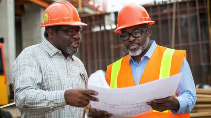 Wall Mural - A site supervisor and a foreman examining blueprints together at a construction site