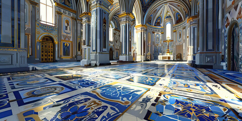 An intricate mosaic of blues, whites, and golds, adorning the floor of a Byzantine-style European church.