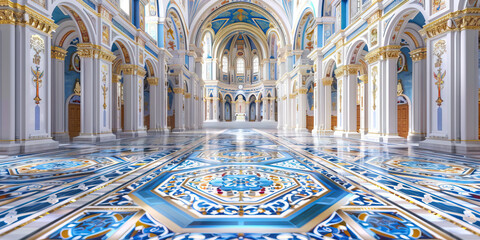 An intricate mosaic of blues, whites, and golds, adorning the floor of a Byzantine-style European church.