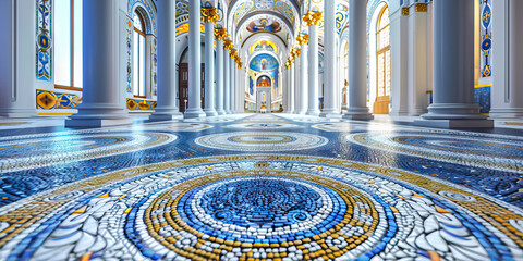 An intricate mosaic of blues, whites, and golds, adorning the floor of a Byzantine-style European church.