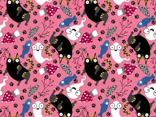 Halloween animals seamless cats and pumpkins pattern for wrapping paper