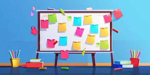 A minimalist whiteboard with colorful sticky notes and markers, symbolizing brainstorming sessions and team collaboration.