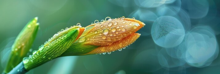 Sticker - Close-up macro shot of a Narcissus flower bud with raindrops during spring.