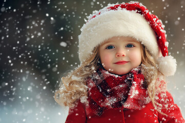 Adorable child in a Santa Claus hat closeup of face Christmas card style with snow and festive bokeh lights background with copy space.nostalgic childhood children kids holiday magic of Christmas