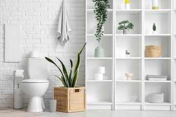 Poster - Toilet bowl, houseplant in basket and shelving unit