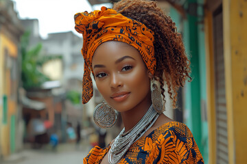 A woman in a modern urban setting in traditional African print clothing, blending contemporary and traditional fashion elements. Concept of fashion fusion and cultural heritage.