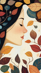 Wall Mural - Beautiful female profile framed by autumn leaves