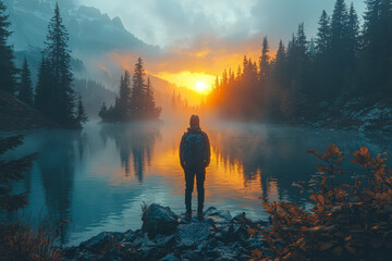 Poster - a person standing on the edge of a serene lake, feeling a deep connection with nature during sunrise