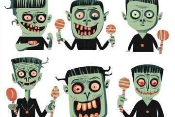 A whimsical collection of cartoon monsters holding candy on a bright background during Halloween celebrations