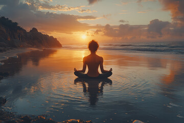 Wall Mural - A person meditating on a tranquil beach, feeling a profound sense of inner peace and connection. Concept of mindfulness and spiritual tranquility.