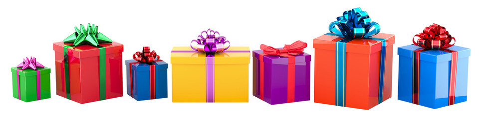 Poster - row from gift boxes with colored bows and ribbons, 3d rendering isolated on transparent background