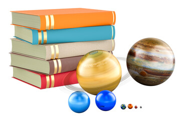 Poster - textbooks with planets of solar system and satellites. 3d rendering isolated on transparent backgrou