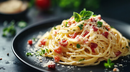 Wall Mural - Italian cuisine, pasta alla Carbonara with herbs, spaghetti with creamy carbonara sauce with ham and Italian style bacon. AI generation