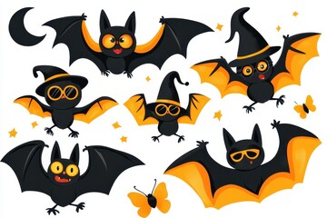 Wall Mural - Whimsical cartoon bats in witch hats and sunglasses celebrating a festive night with butterflies