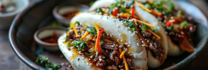 Wall Mural - Steamed bao buns filled with meat, cheese, and vegetables presented on a plate.