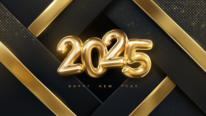 Poster - Bc5Happy New 2025 Year. Vector holiday illustration of golden numbers 2025 on black geometric background textured with gold ribbons and glitters