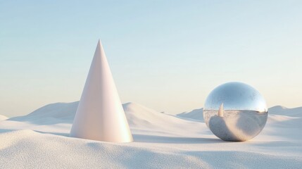 Wall Mural - A white cone and a silver sphere are on a snowy hill