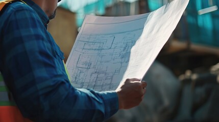 Wall Mural - A site supervisor holding blueprints and checking measurements on a construction site