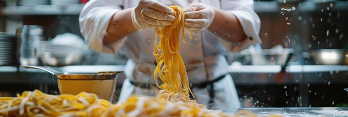 Wall Mural - Close-up of a female chef in white attire preparing fresh pasta in a kitchen.