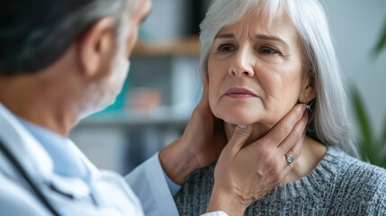 Sticker - male doctor examining senior female patients neck during consultation