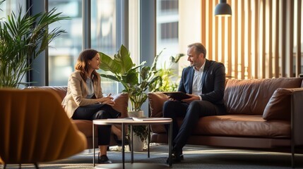Poster - two professionals engaged in a meeting, discussing ideas in a modern office lounge with natural ligh