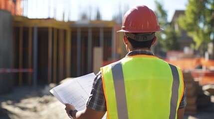 Wall Mural - A site supervisor in a reflective vest holding blueprints and inspecting the progress of a construction project