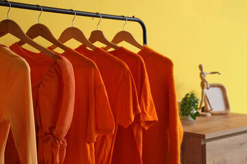 Rack with hanging orange clothes in hallway, closeup