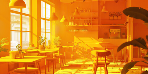 Sunny Yellow and Orange Abstract of a Happy European Cafe