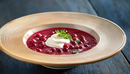 Close-up of Norwegian berry soup (bærsyltetøy) made with lingonberries and served with cream - traditional Norwegian dish