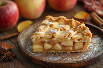 Wall Mural - Piece of apple pie on wooden table surrounded by red apples and spices.