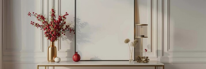 Poster - Elegant and modern living room interior featuring a sophisticated pomegranate shelf, a chic gold table lamp, an empty poster frame, decorative flowers in a vase, and stylish accessories for home decor