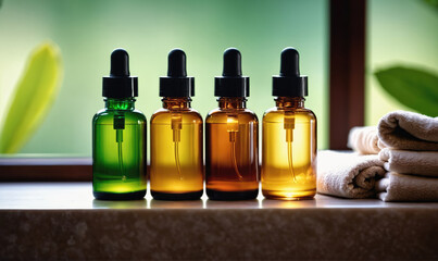 Four bottles of essential oils sit on a countertop near a stack of towels