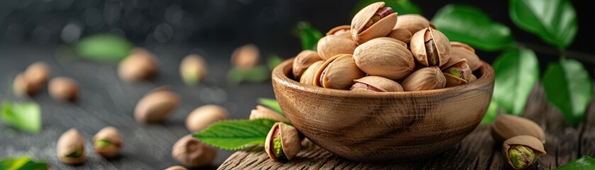 Bowl of fresh pistachios on a rustic wooden table surrounded by green leaves. Free copy space for banner.