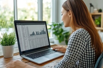 Poster - A woman is focused on her laptop, reviewing data and charts while enjoying a bright, airy workspace. Generative AI