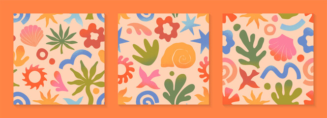 Wall Mural - vector summer nature artistic seamless patterns with hand drawn palm,sun,coral,seashell,wave.trendy 