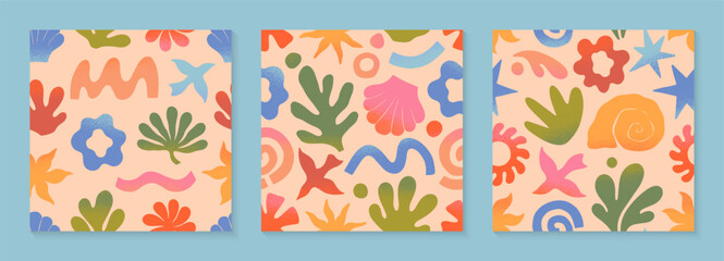 Wall Mural - vector summer nature artistic seamless patterns with hand drawn palm,sun,coral,seashell,wave.trendy 